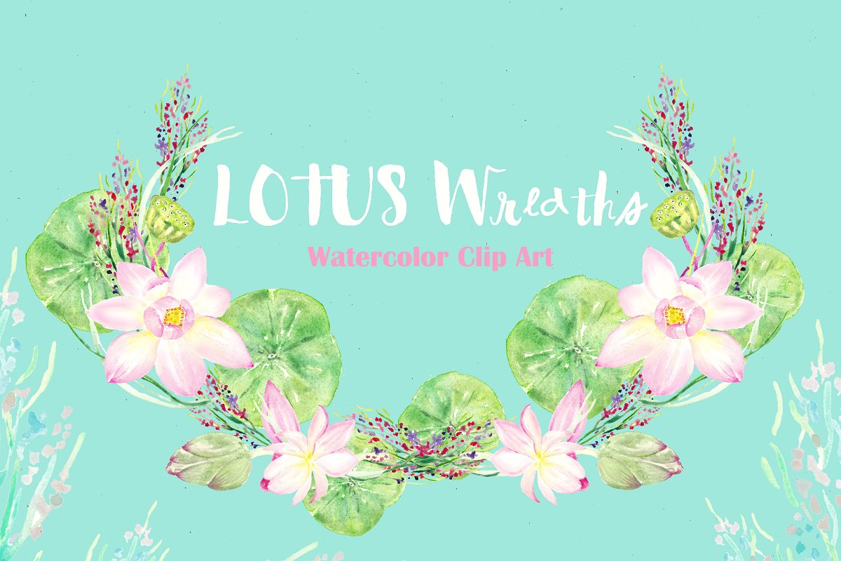 莲花花环水彩插画 Lotus wreaths. Waterc
