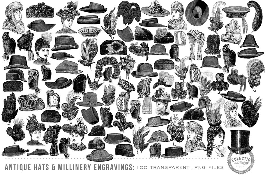 经典的帽子插画图插画 Vintage Hats Millin