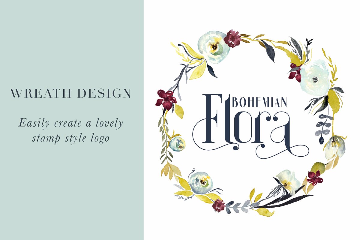 波希米亚花卉水彩logo设计Bohemian Flora W