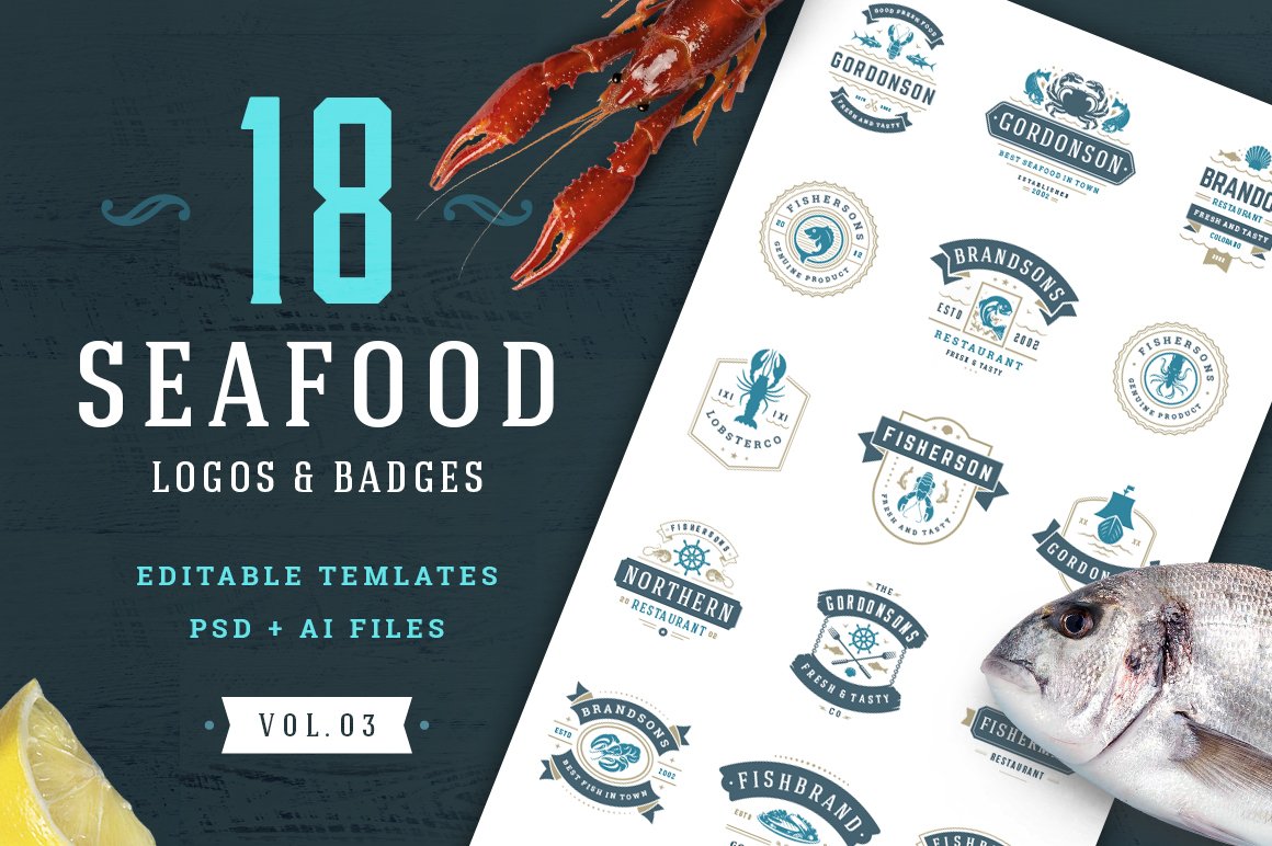 18个海鲜相关的logo和图形模板Seafood Logos