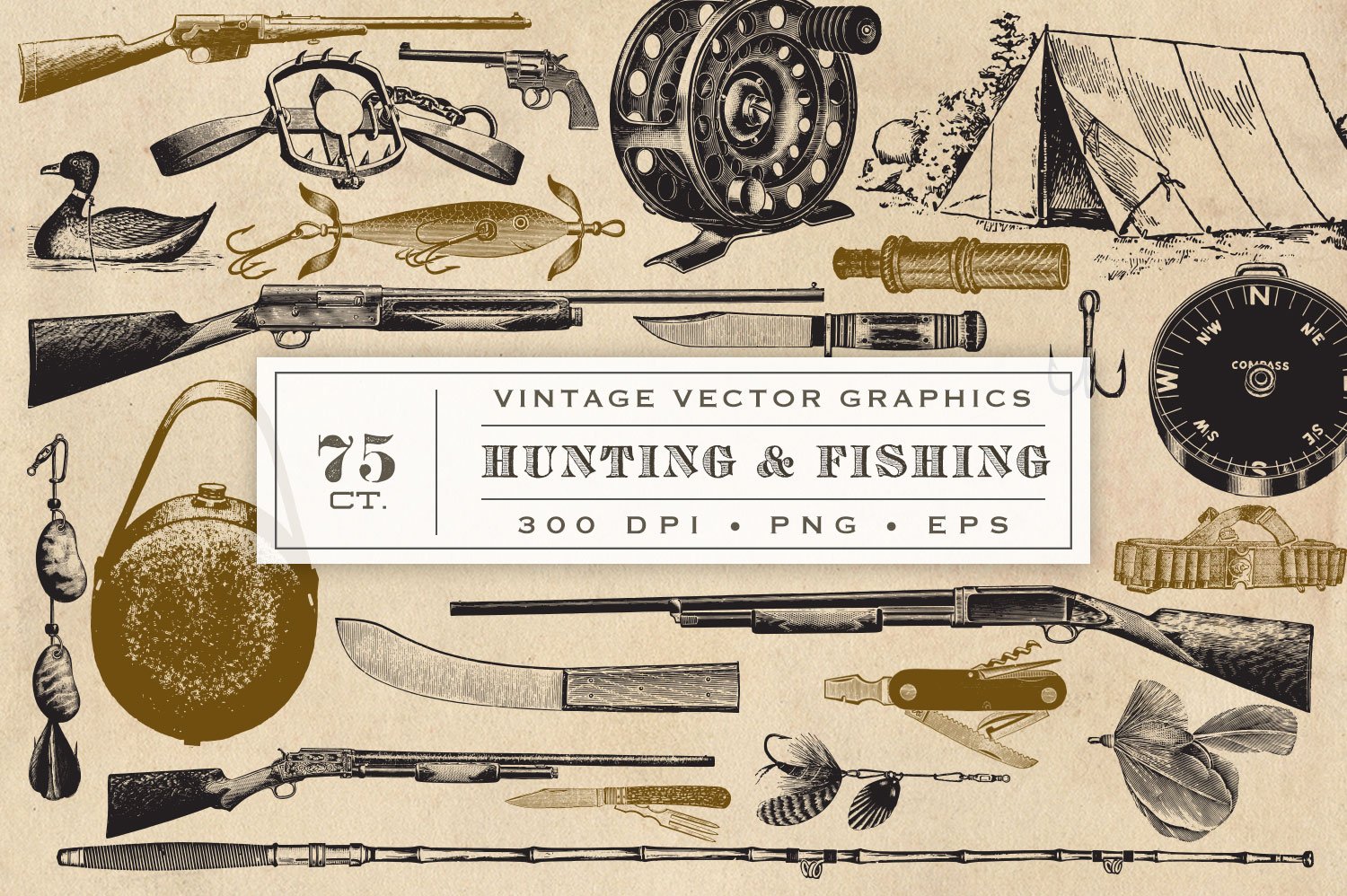 狩猎捕鱼插画素材 Hunting Fishing Vecto