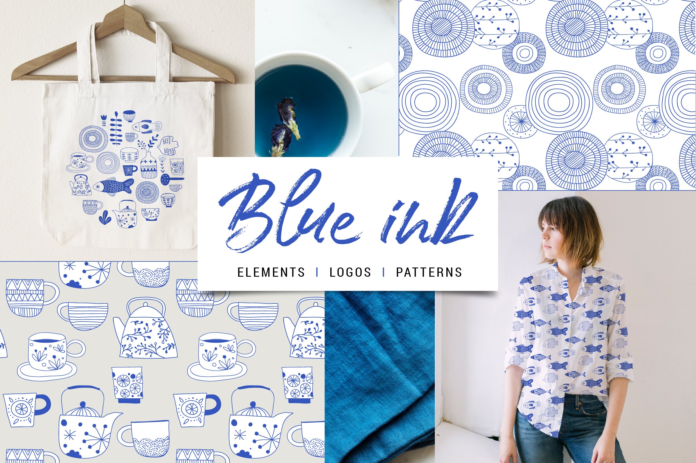 蓝色模式绘制的青瓷装饰画背景纹理Blue ink colle
