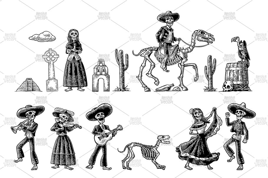 墨西哥骷髅骨架和死亡主题Bundle engraving
