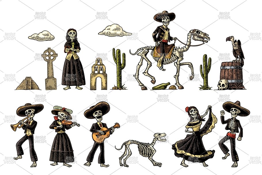 墨西哥骷髅骨架和死亡主题Bundle engraving