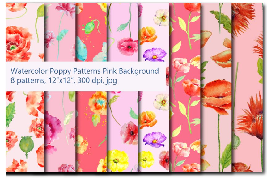 粉红色的主题水彩罂粟花图案 Watercolor Poppy