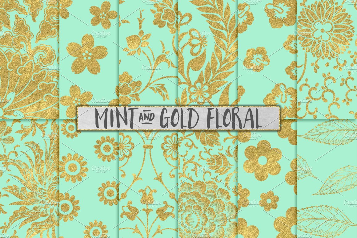 薄荷和金色的花卉背景纹理 Mint and Gold Flo