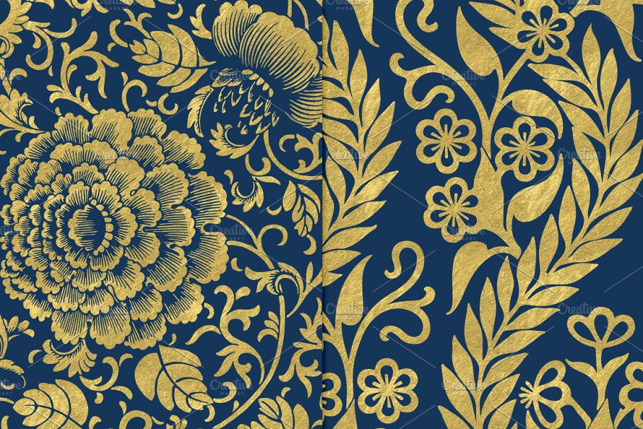 海军蓝和金色的花卉背景纹理 Navy and Gold #5