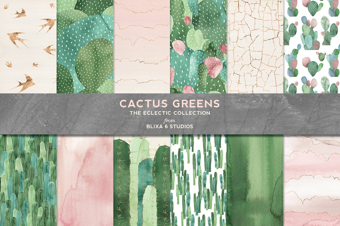 仙人掌绿色水彩图形 Cactus Greens Waterc