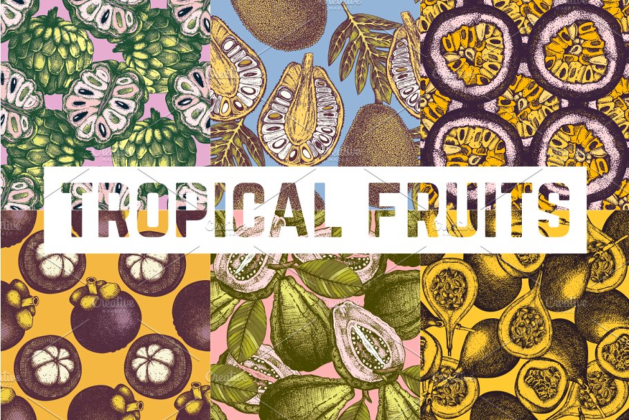 热带水果植物背景纹理图案 Tropical Fruits &