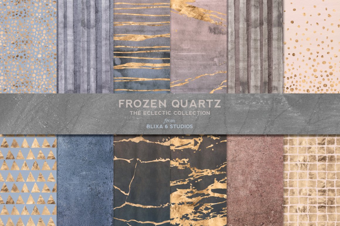 冷冻石英水彩和金箔背景纹理素材 Frozen Quartz