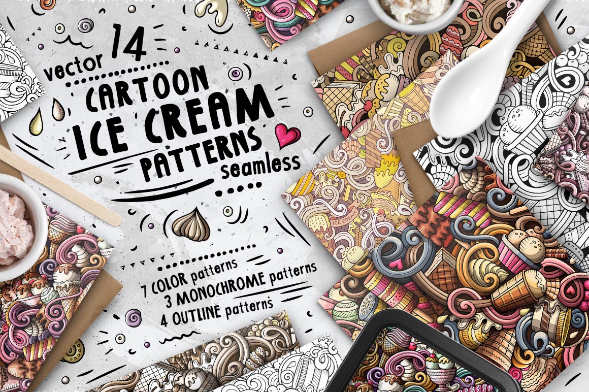14款手绘风冰淇淋无缝背景纹理Patterns Pack #