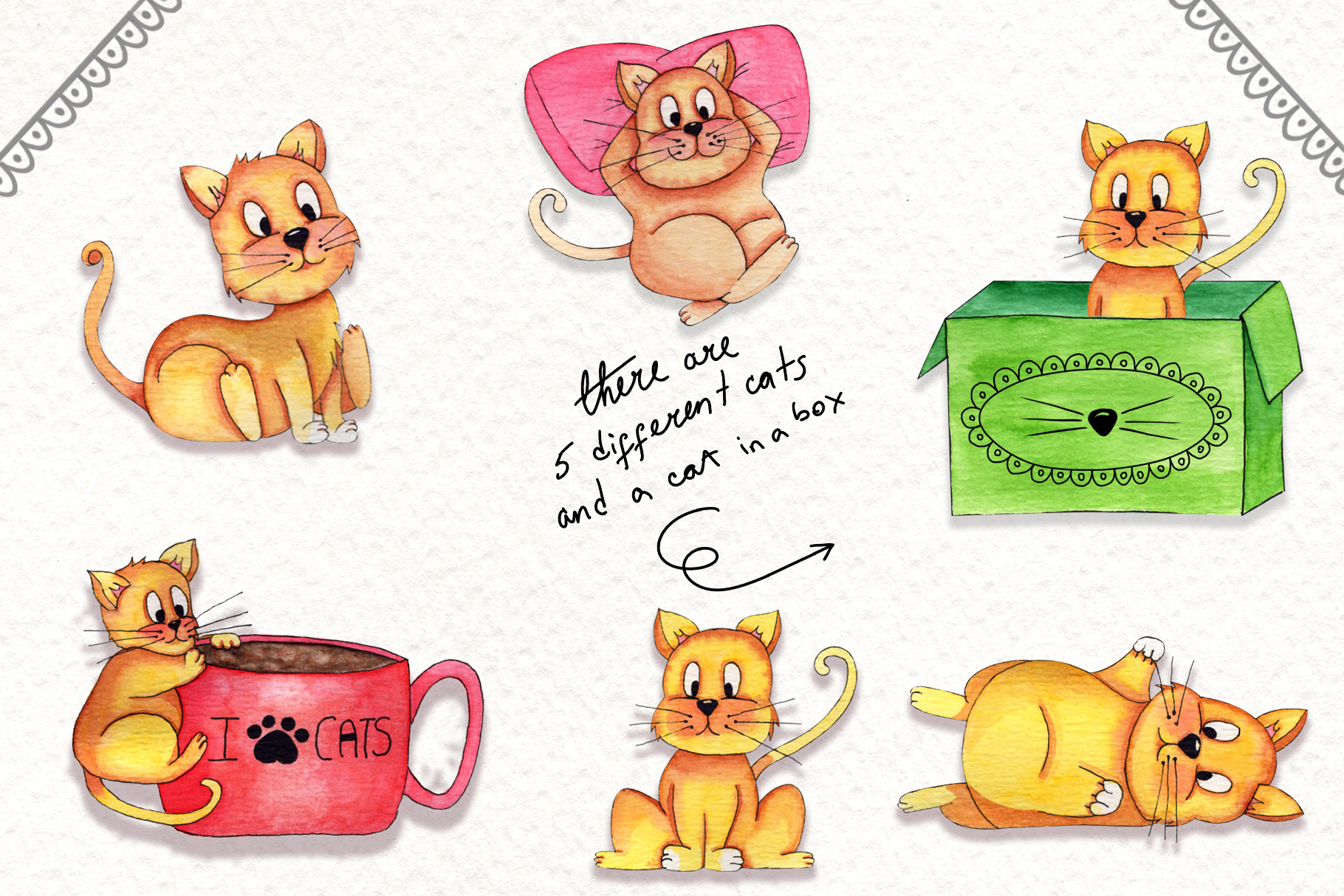 水彩手绘懒猫剪贴画素材合集包 Lazy Cats Watte