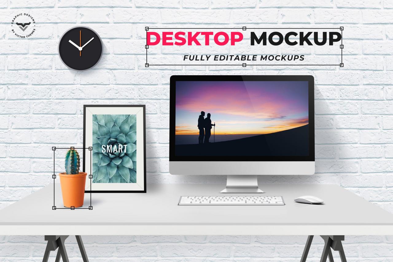 在桌面的银色 iMac 样机desktop-mockups-
