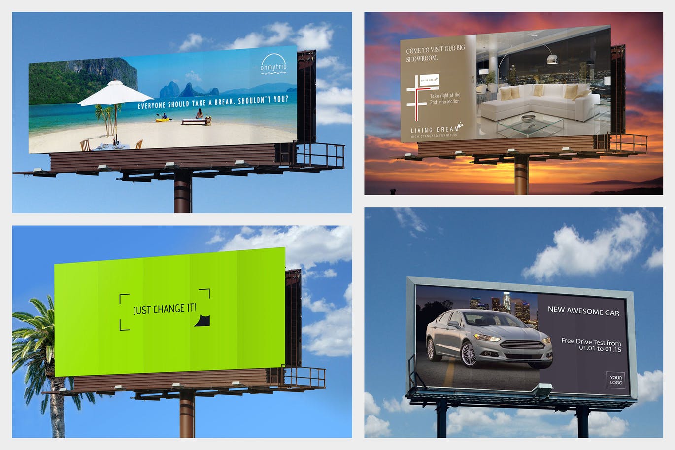 3块广告牌房地产户外大牌样机VI展示billboards-m
