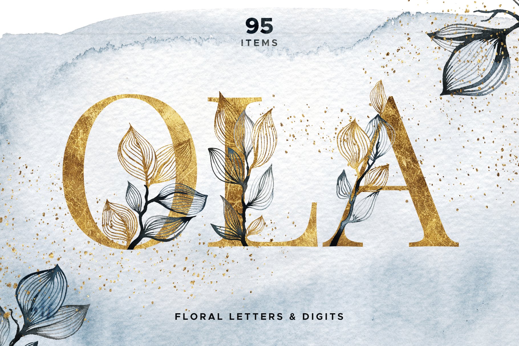 水彩花卉金色字母数字剪贴画素材 OLA Floral Alp