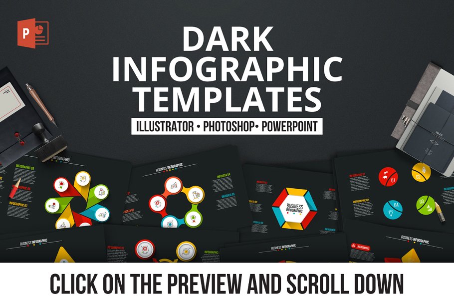 酷黑背景信息图表数据幻灯片模板素材 Dark infogra