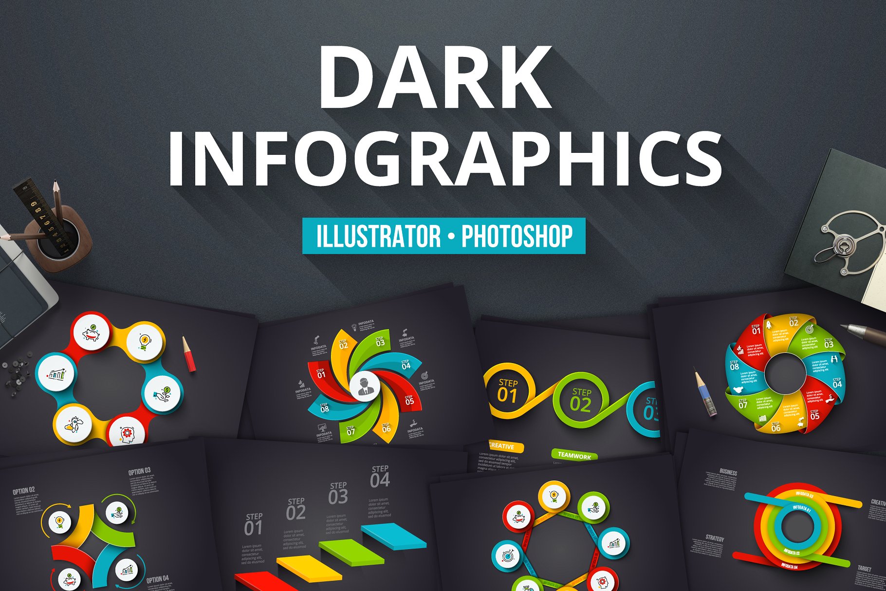 深色信息图标素材 Dark infographics #13