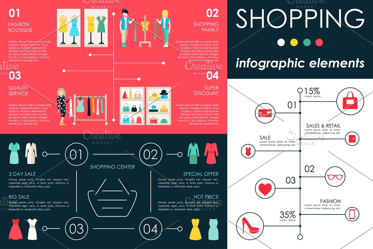 扁平化的购物数据信息图表模板 12 Shopping Fla