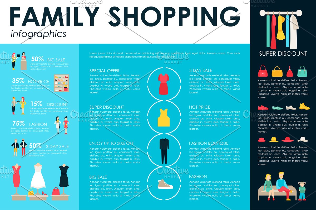 扁平化的购物数据信息图表模板 12 Shopping Fla