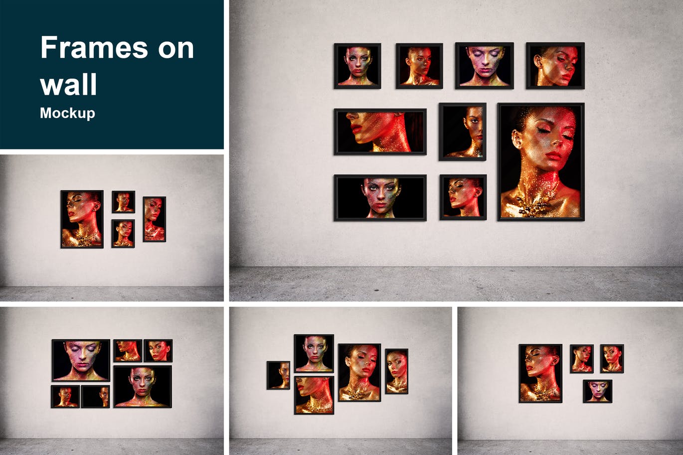多种布局形式的照片墙海报设计VI样机frames-on-wa