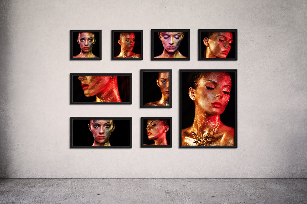 多种布局形式的照片墙海报设计VI样机frames-on-wa