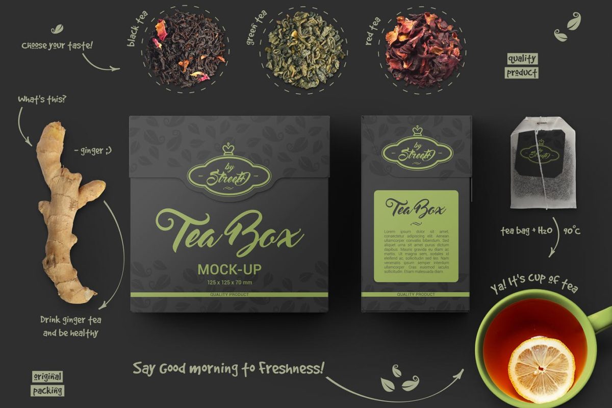 逼真场景高分辨率茶叶茶盒包装盒Tea Box Mock-Up