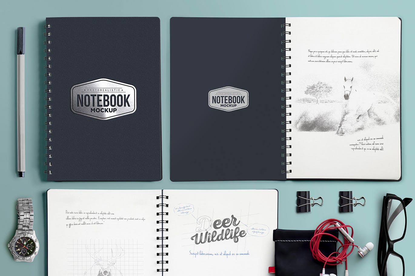 4个带有可移动元素的笔记本日记本notebook-mocku