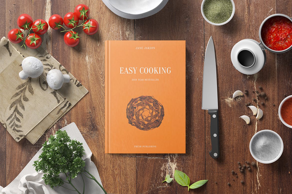 高品质的厨房场景书籍装帧VI样机展示模型cook-book-