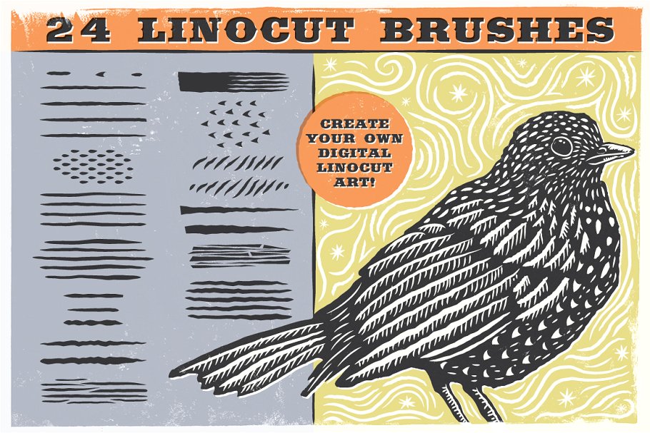 亚麻浮雕笔刷下载 Linocut Brushes #1240