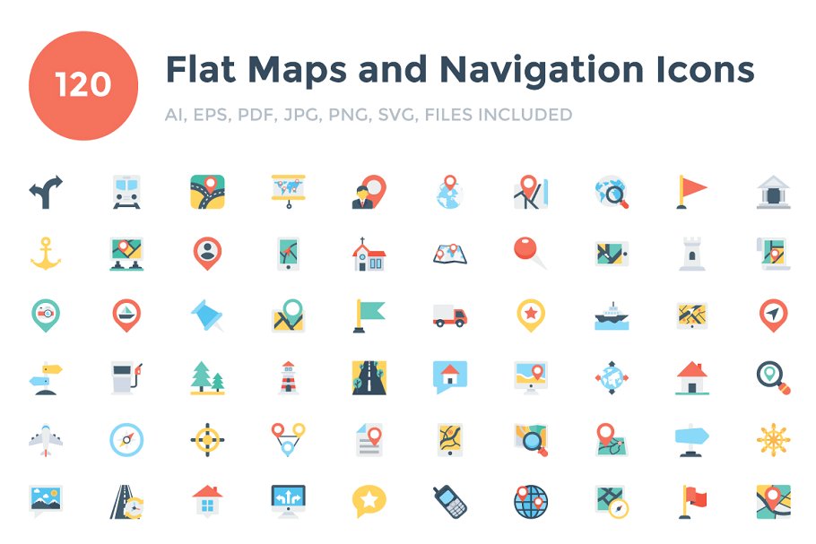平面地图和导航图标设计 120 Flat Maps and