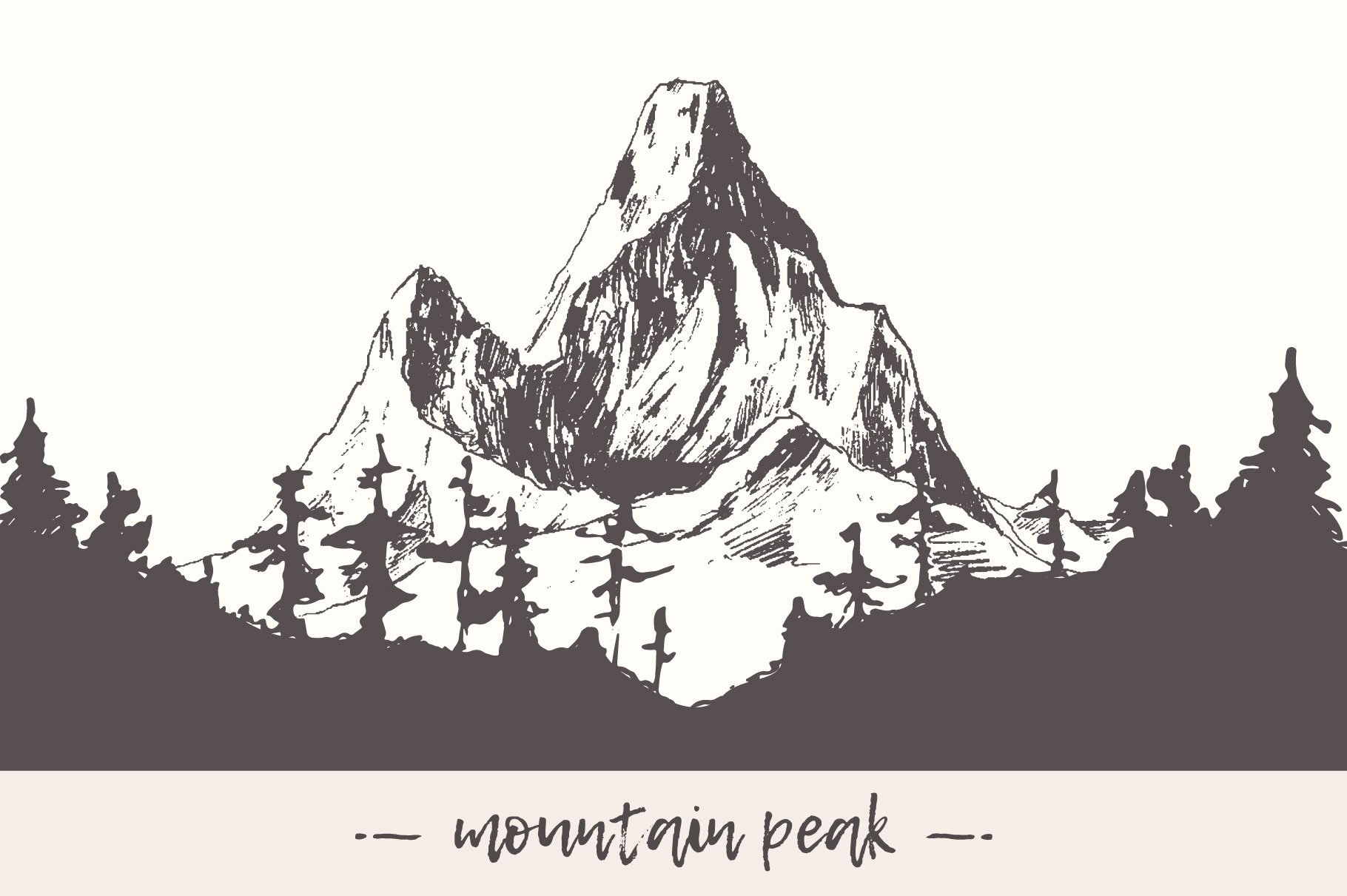 山地景观以松林为主的素描插画 Mountain landsc
