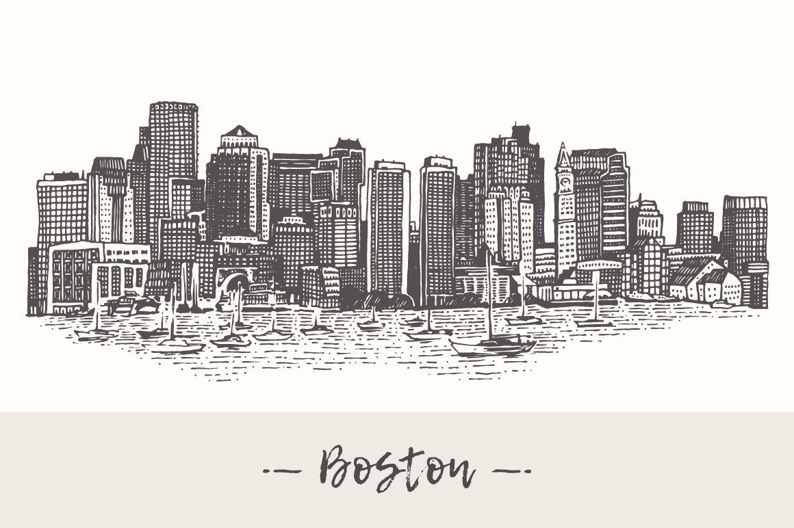 美国波士顿的天际线插画 Boston skyline, US