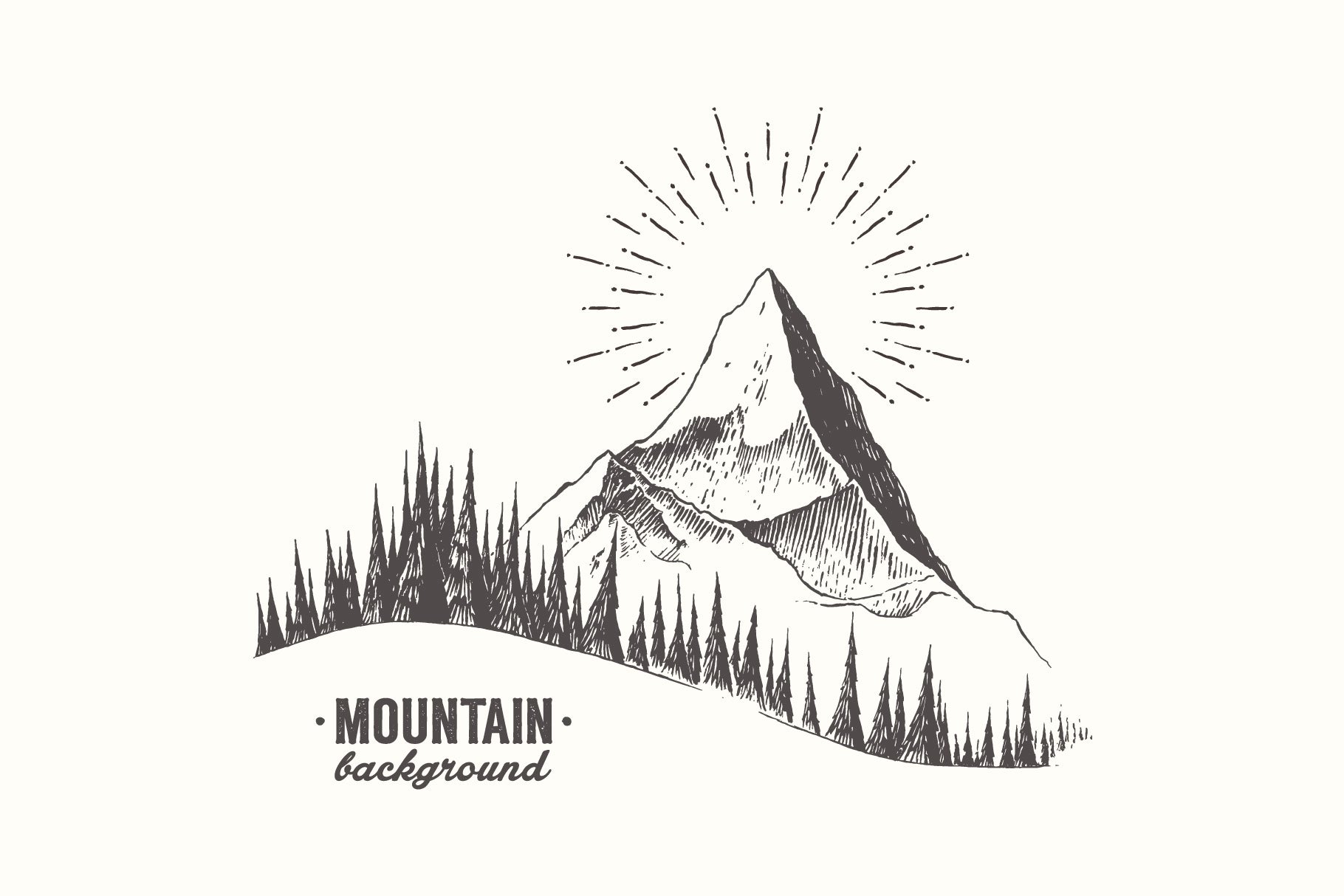 山峰素描插画 Mountain peak with fir