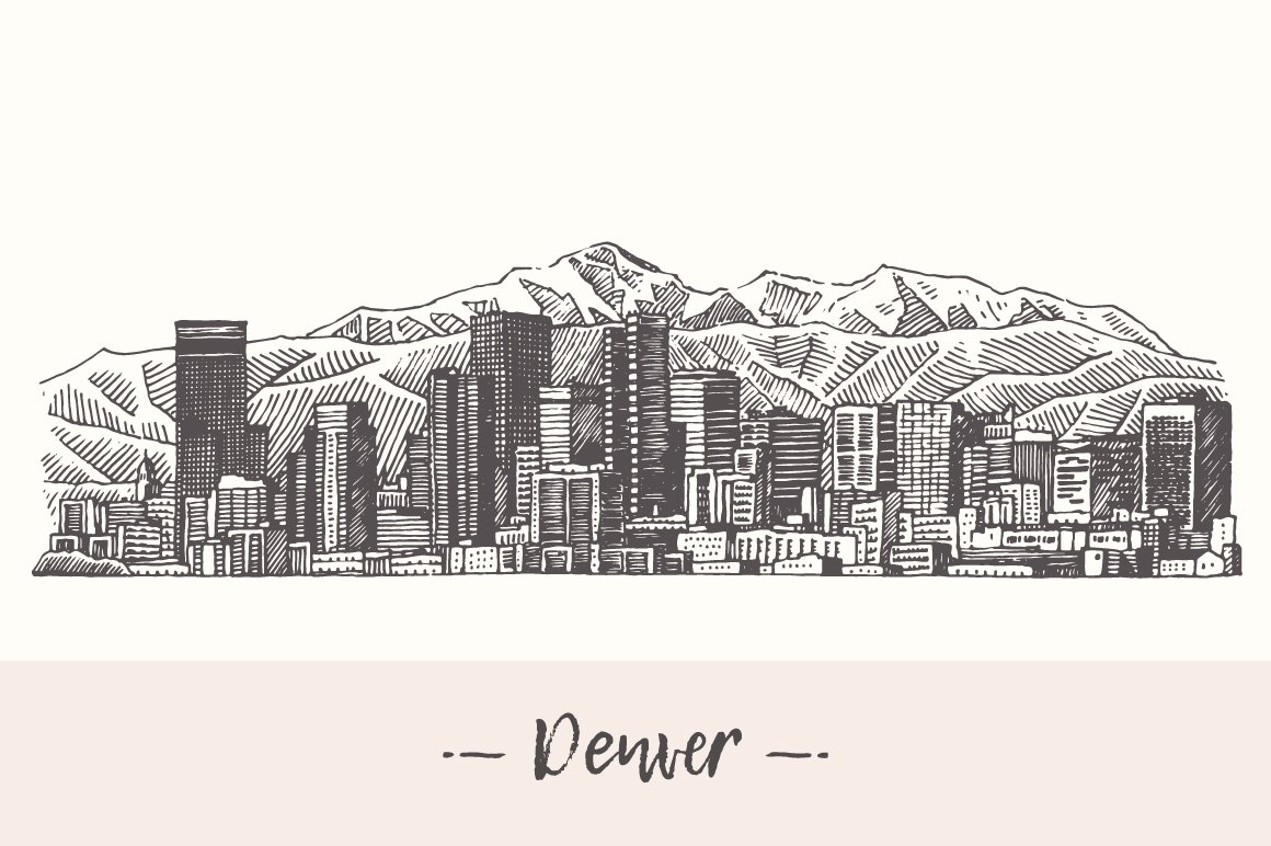 天际线素描插画 Denver skyline, USA #2