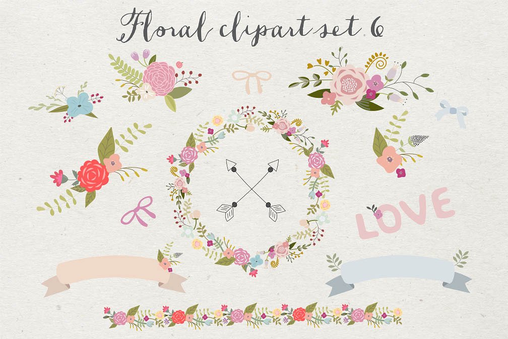 手绘春天花卉植物设计素材Floral clipart set