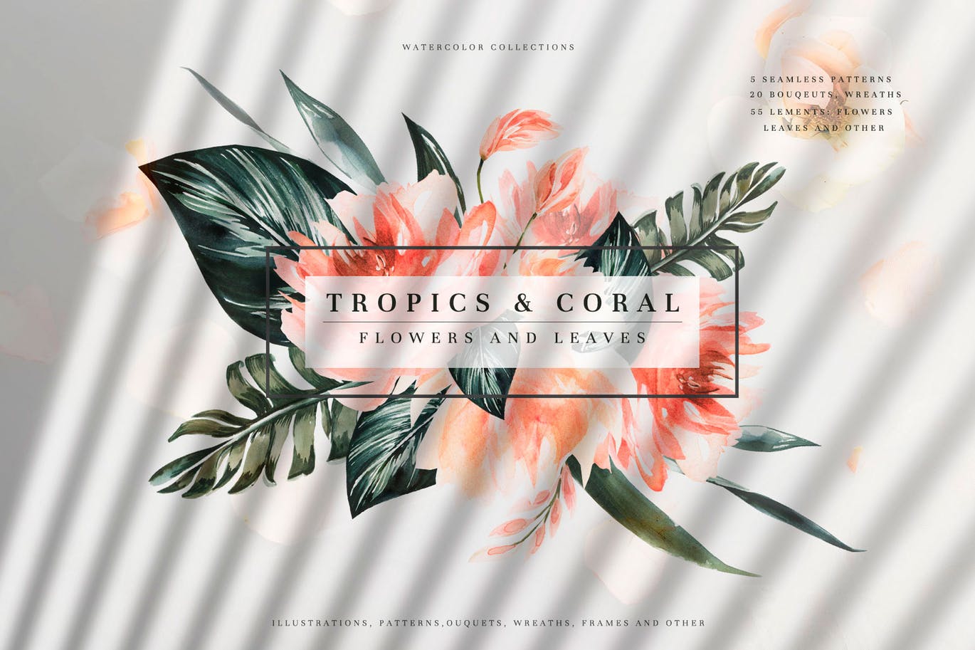 优雅时尚高端热带雨林植物手绘水彩tropics-coral-
