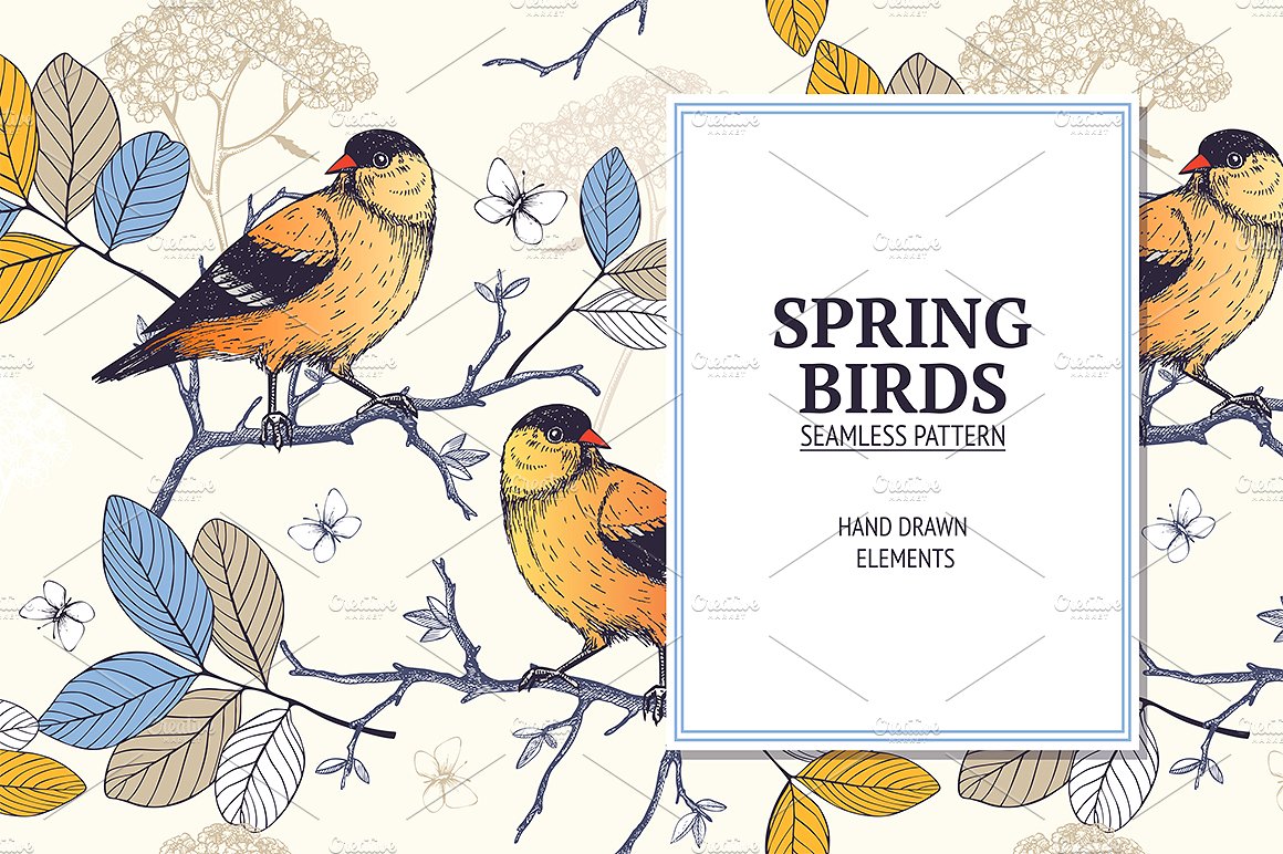 手绘自然元素设计素材Spring Birds Pattern