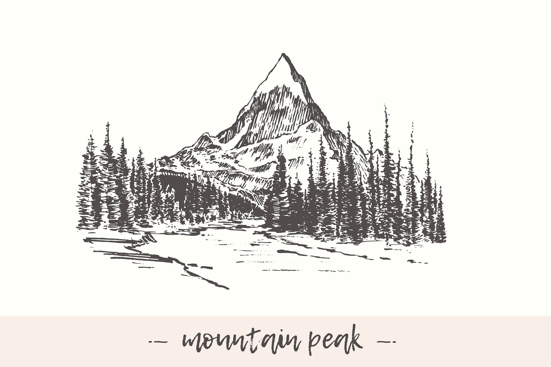 山林素描插画 Mountain peak with fir