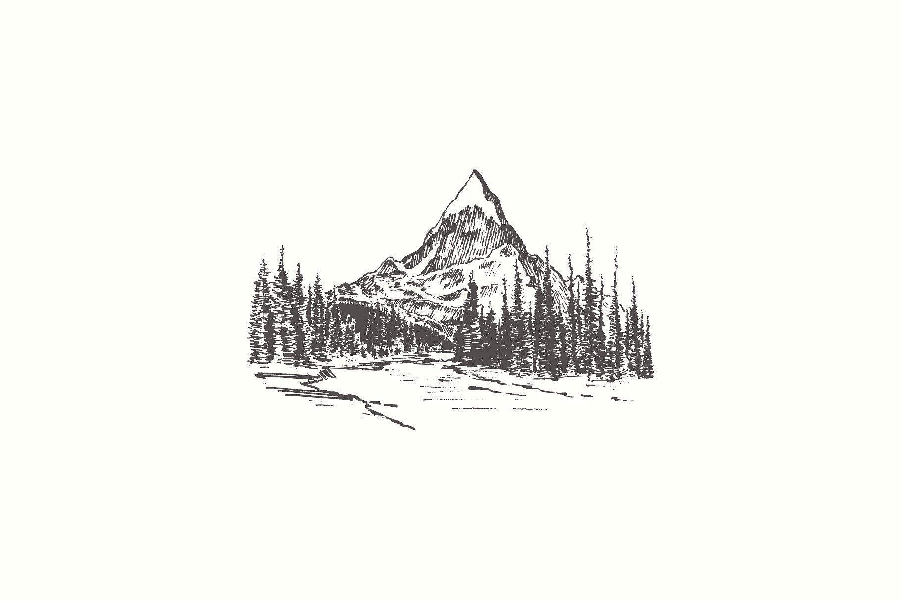 山林素描插画 Mountain peak with fir