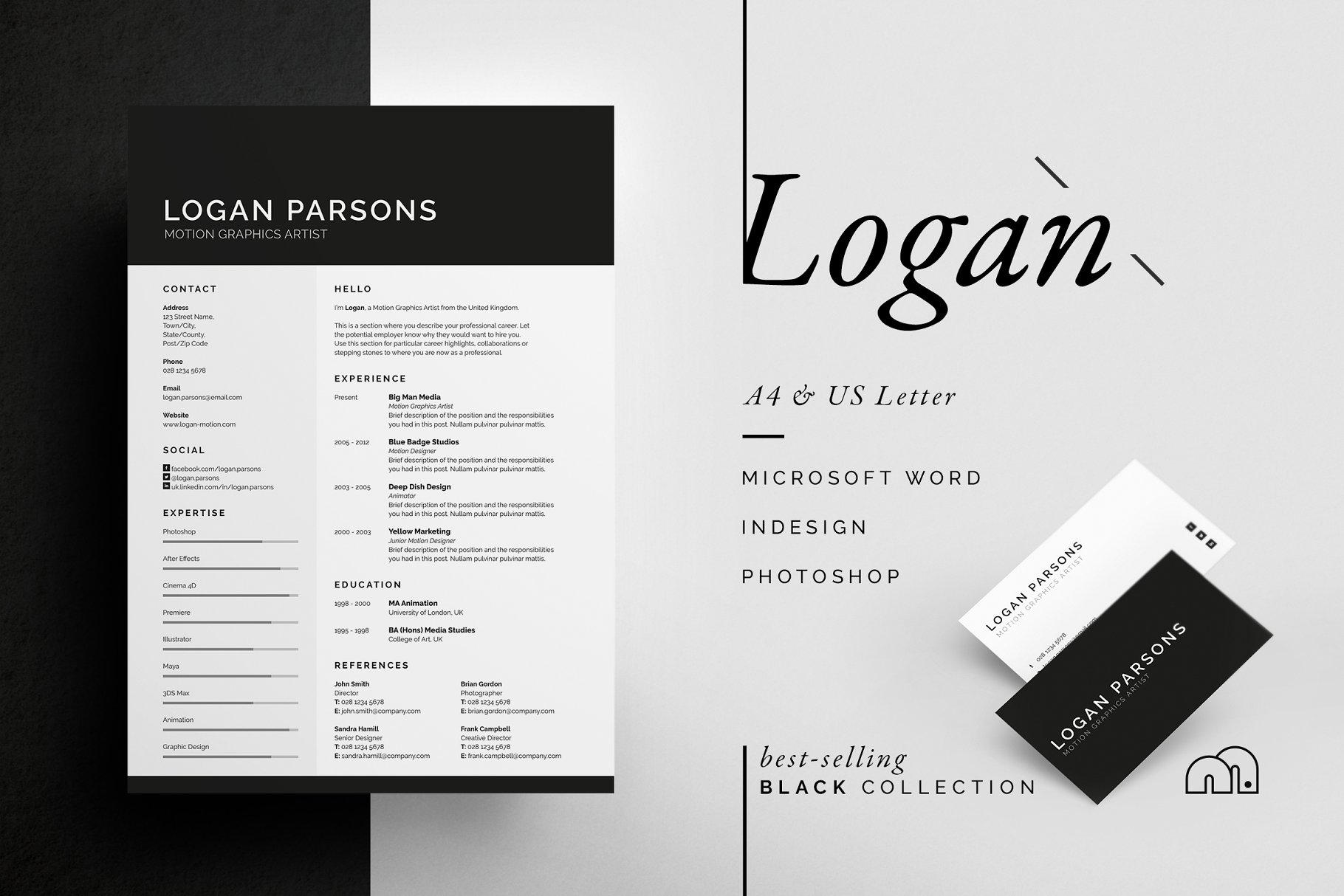 高端黑白简历模板 Logan – Resume CV #13