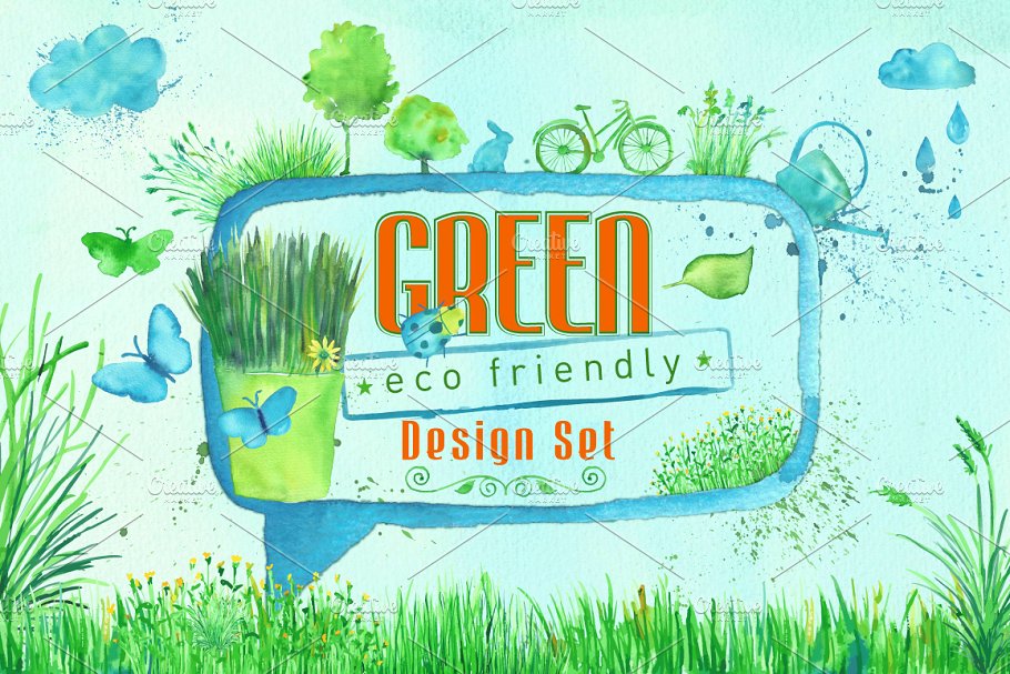 绿色水彩设计集 Green Design Set #1238