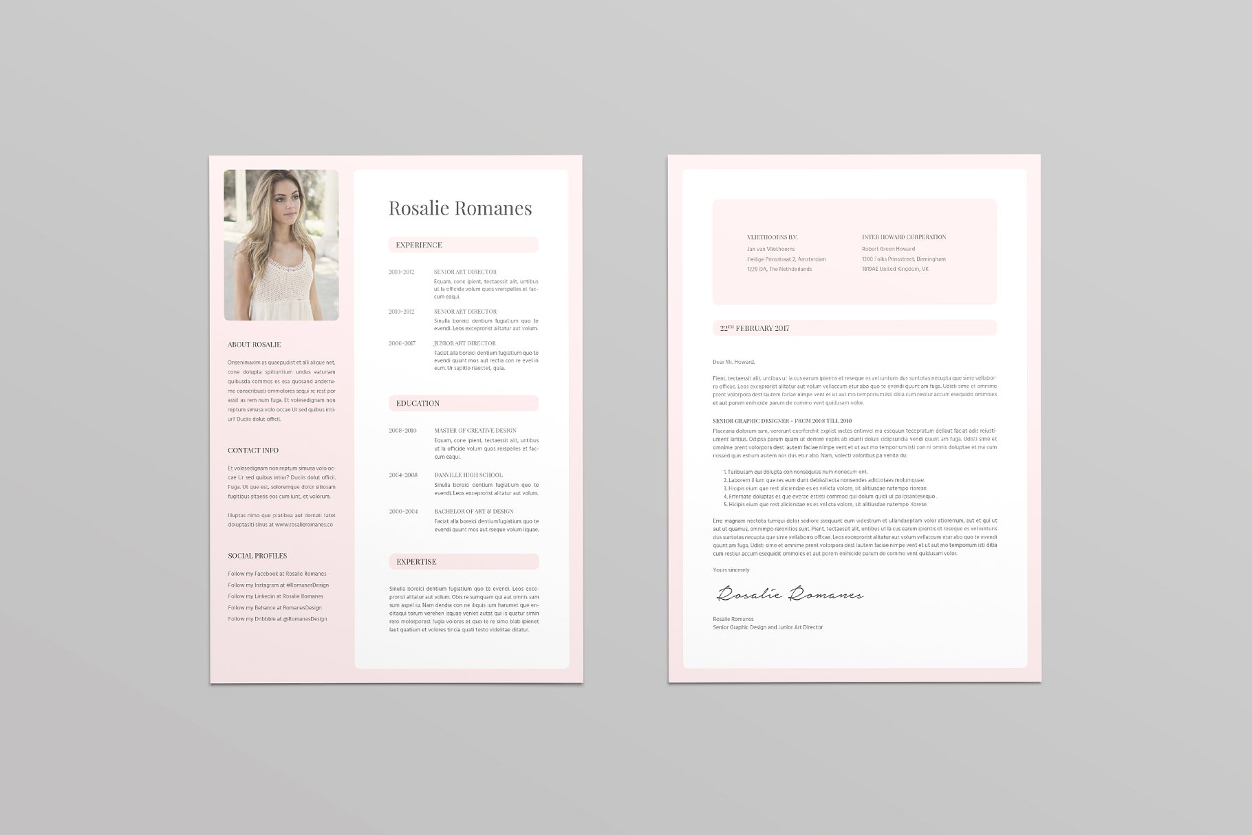 粉色简历模板 Rosalie Resume Template