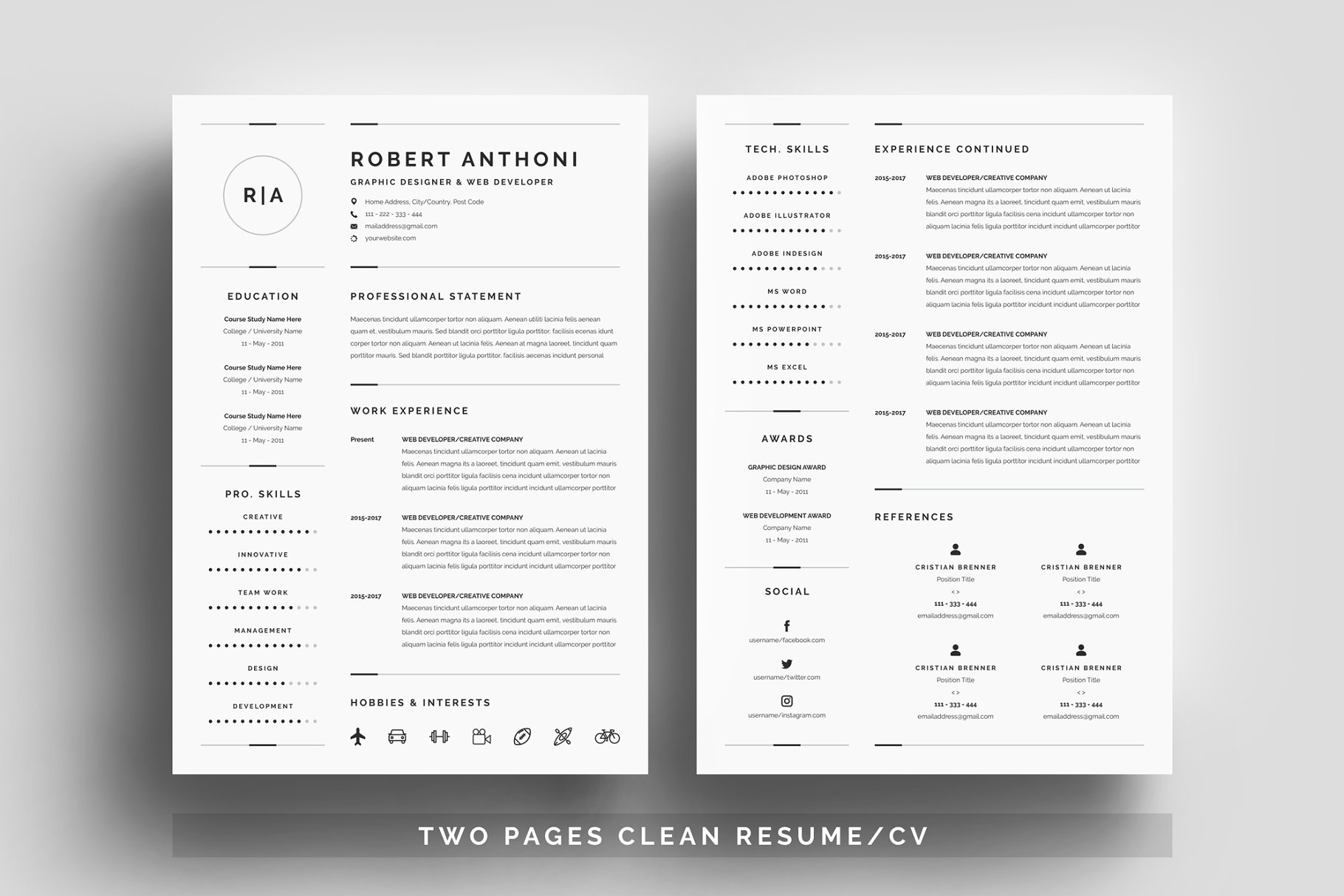 三页式极简主义素色简历模板 3 Pages Clean Re