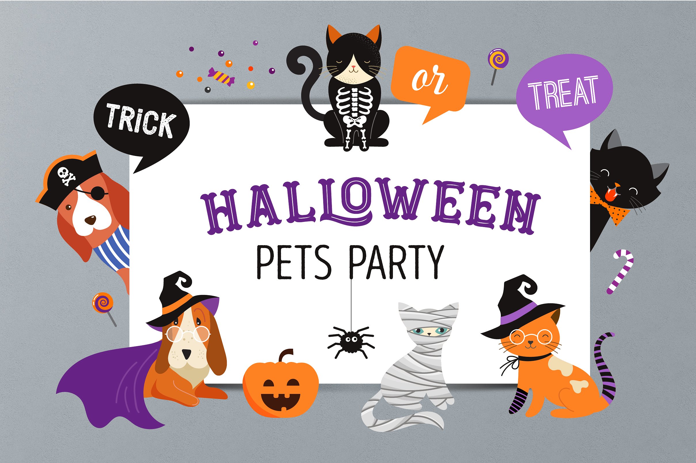 万圣节宠物插画 Halloween Pets Party c