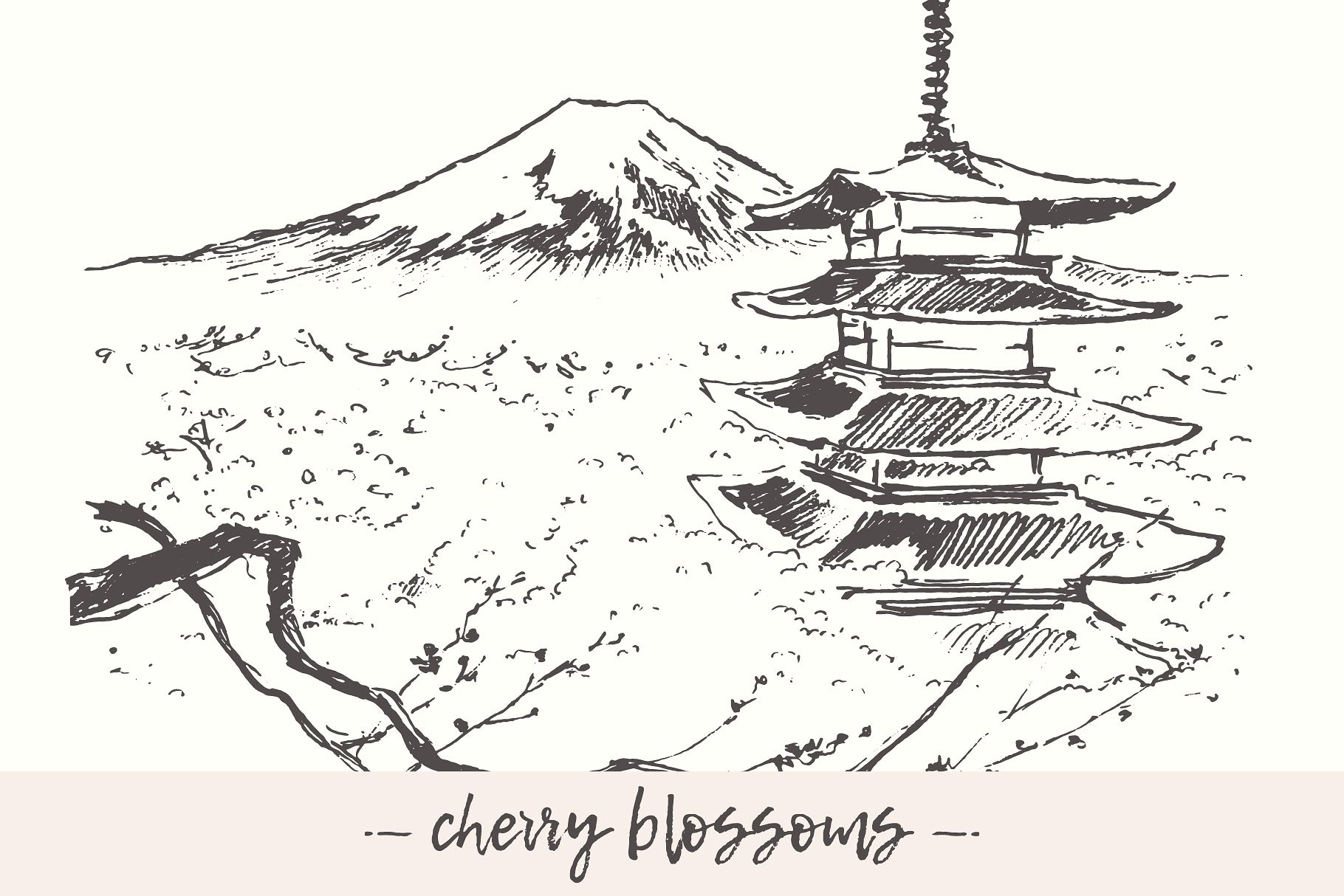 手绘素描插画 Japanese landscape #923