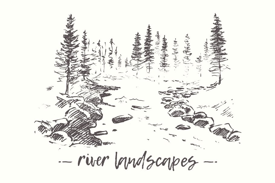 森林素材插画 Landscapes with river a