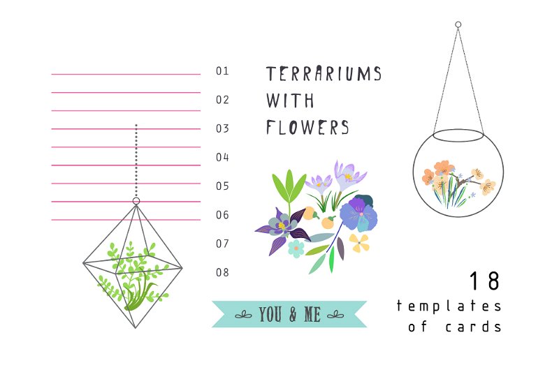 浪漫的花卉矢量插画 Terrariums Flowers r