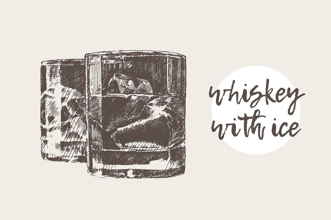 玻璃杯素描插画 Two glasses of whiskey