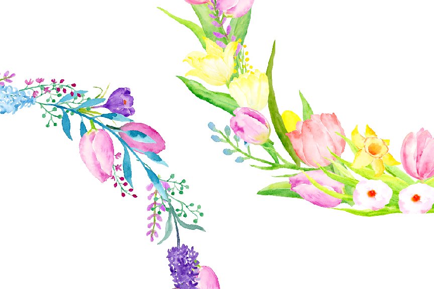 手绘水彩春天花卉花圈设计素材Watercolor Sprin