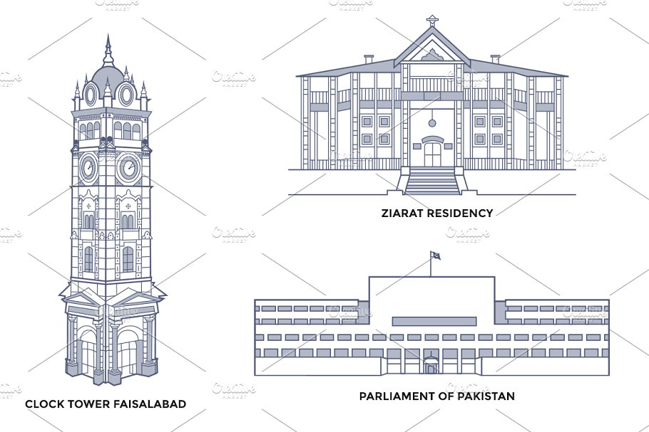 巴基斯坦建筑地标插画 Pakistan Landmarks
